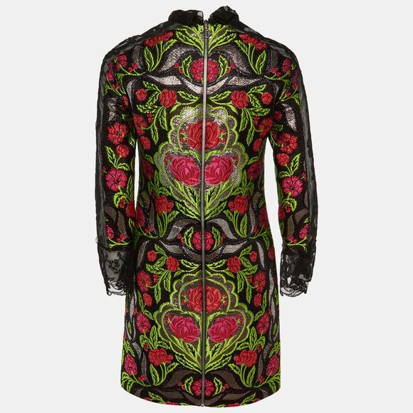 Gucci Black Floral Jacquard Lace Trim Mini Dress S